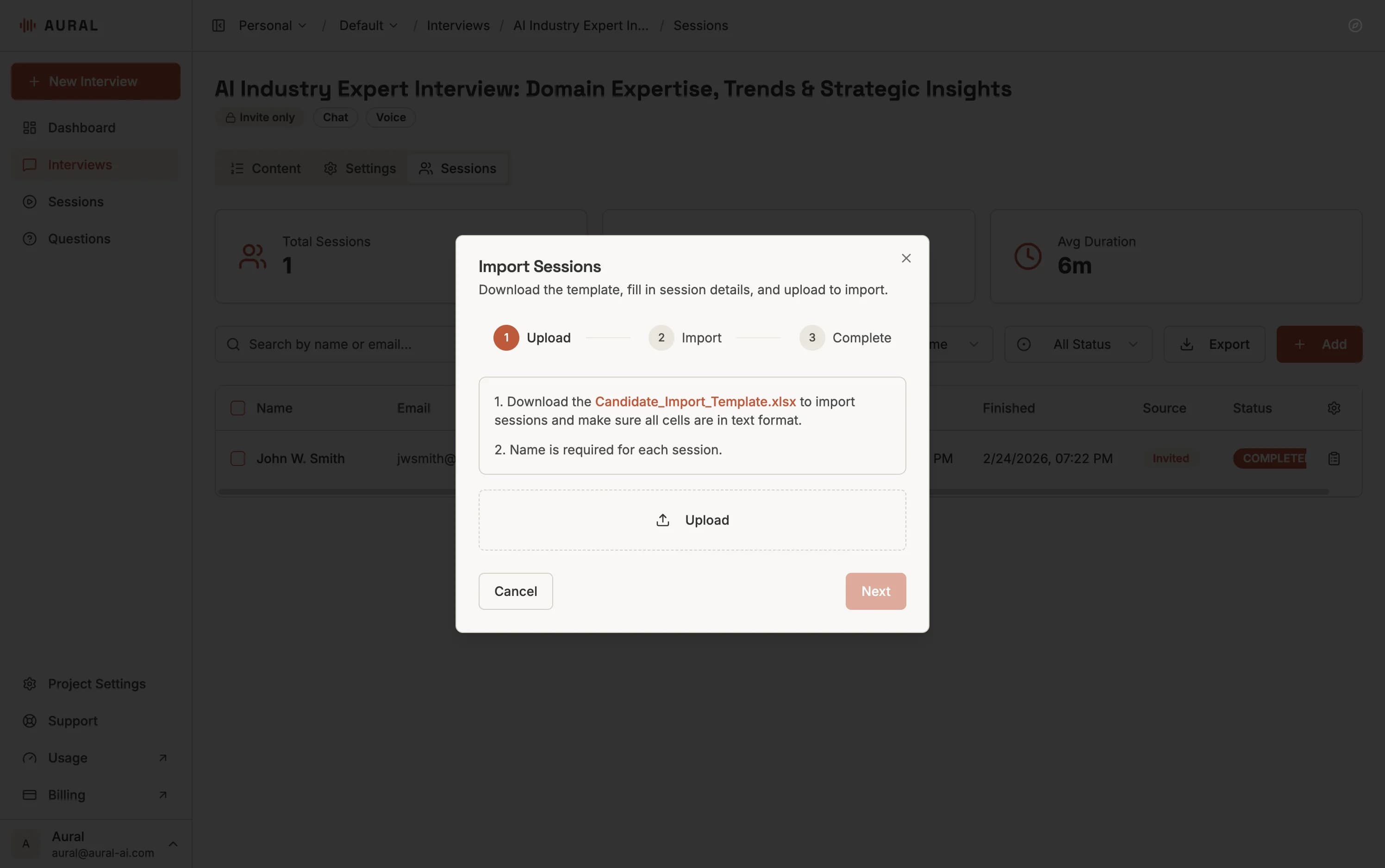 Import Sessions dialog with template download link and file upload area