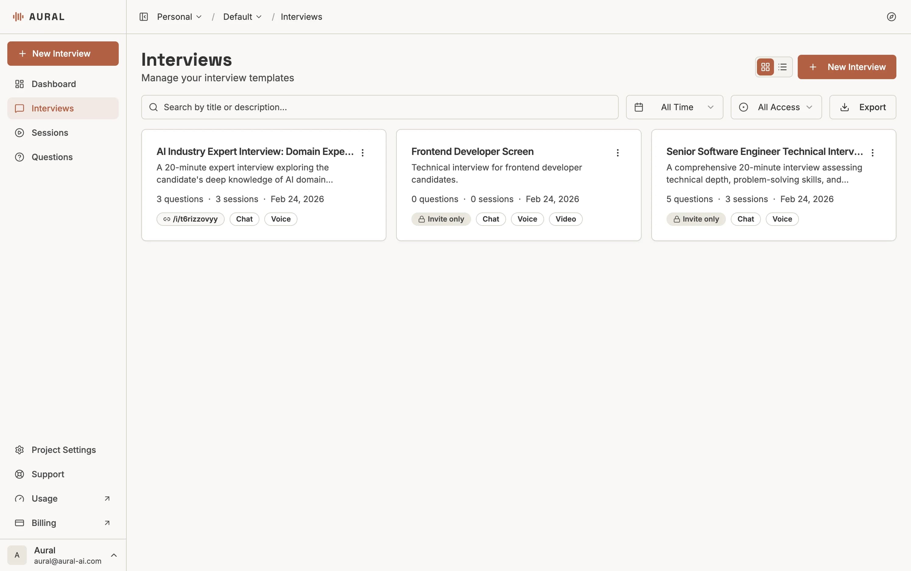 Interviews page with the New Interview button highlighted